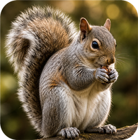 Gray squirrel holding food with fluffy tail, sitting on a branch against a blurred forest background