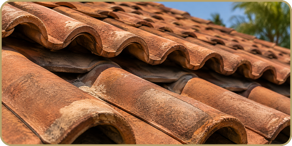 Close-up of terracotta roof tiles with curved overlapping shingles under blue sky