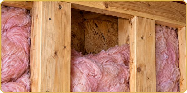 Pink insulation batts between wooden wall studs in a framed structure