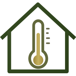 Green house outline with a thermometer icon, suggesting indoor temperature or energy efficiency