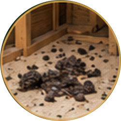 Scattered animal droppings on a wooden floor near a wall