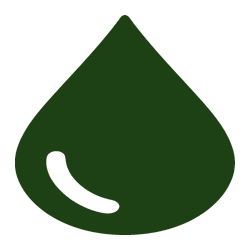 Dark green leaf-shaped logo with a white curved accent in the lower left
