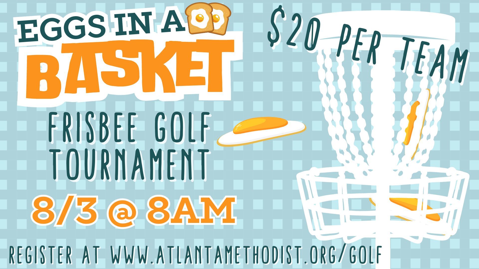 An advertisement for eggs in a basket frisbee golf tournament