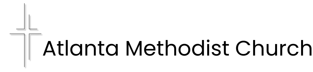 The logo for atlanta methodist church is black and white with a cross.