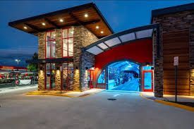 A large building with a swimming pool inside of it.