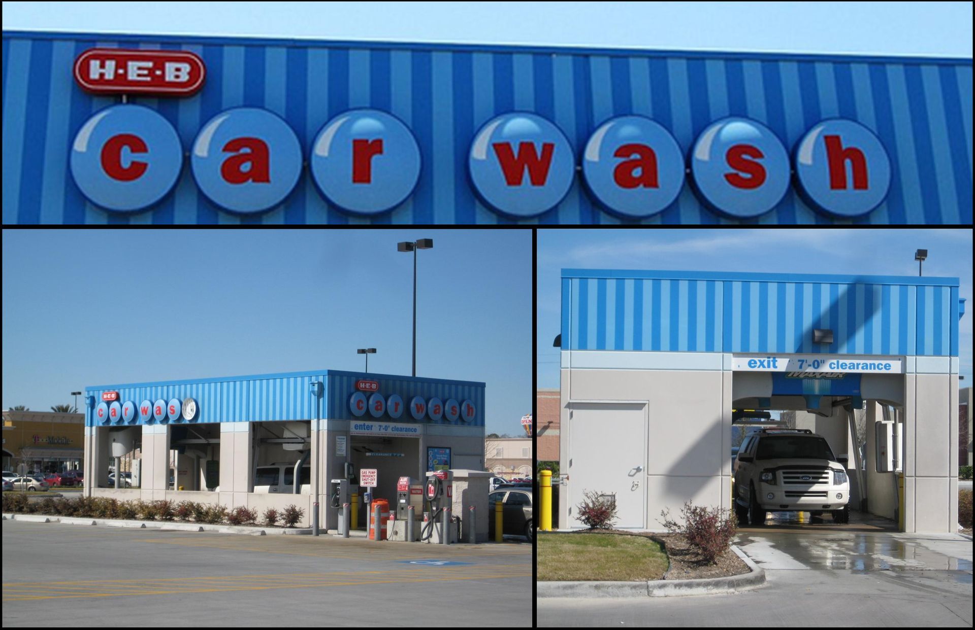 A h-e-b car wash is shown in a collage