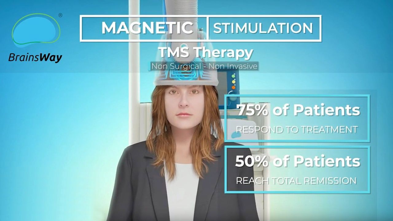 A woman is standing in front of a magnetic stimulation machine.