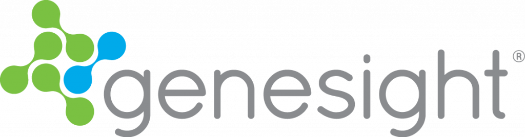 The logo for genesight is blue and green with a molecule in the middle.