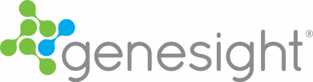The logo for genesight is blue and green with a molecule in the middle.