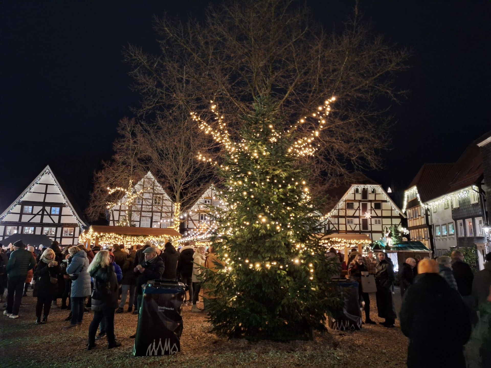 Eine Gruppe von Menschen steht nachts um einen Weihnachtsbaum herum.