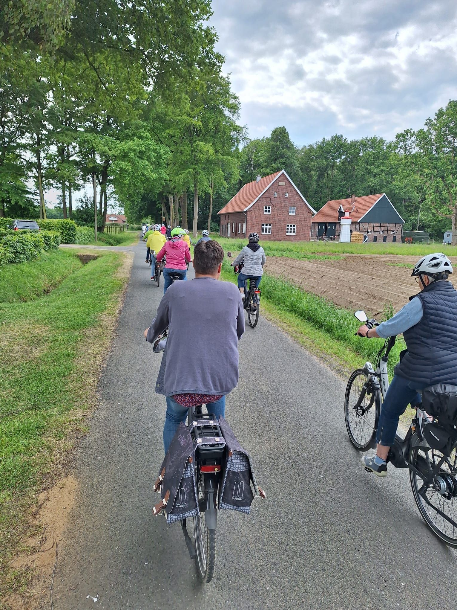Eine Gruppe von Menschen fährt mit Fahrrädern einen Weg entlang.