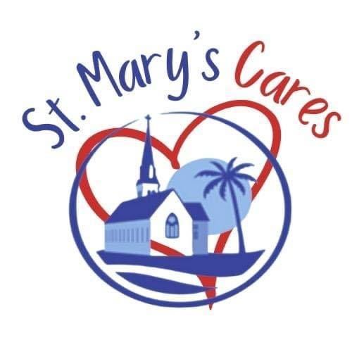 Logo: St. Mary's Cares. Church, palm tree, and sun in a heart-shaped frame, blue and red colors.