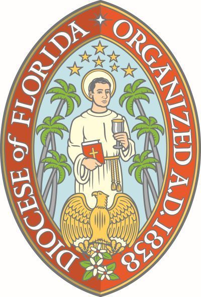 Seal of the Diocese of Florida: a saint, eagle, palm trees, stars, and text on an oval frame.