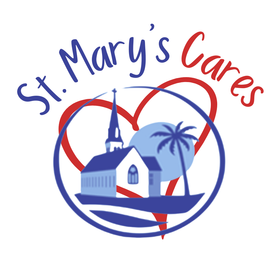 St. Mary's Cares logo: church, palm tree, and heart in blue and red on a white background.