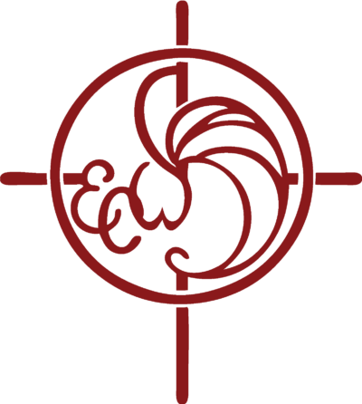 Red stylized logo: circle with rooster, cross, and 