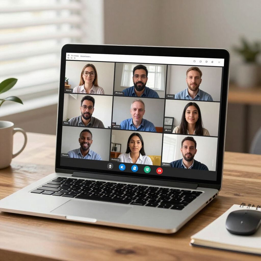 Laptop screen displaying a video conference with nine participants in a home office setting.