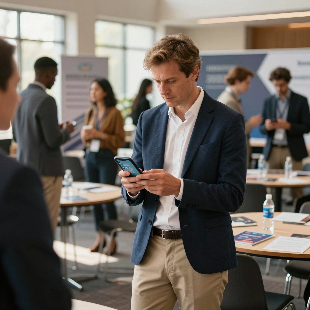 Man in a blue blazer looking at his phone at a business conference. Other people are in the background.