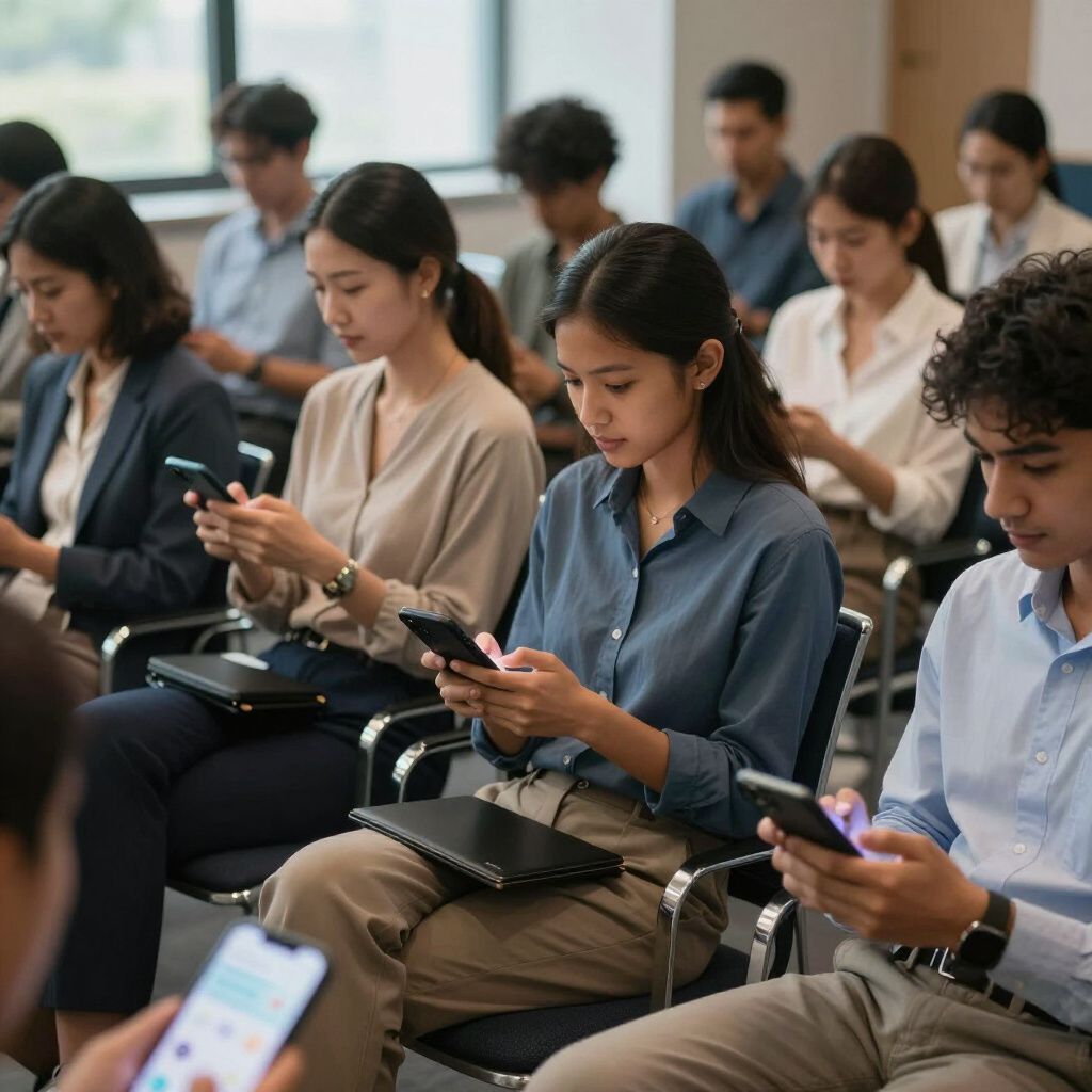 People in a room are focused on their phones. Some have notebooks on their laps.