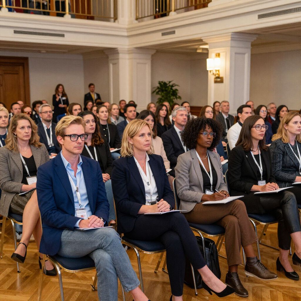 Audience at conference in a large room, listening to a presentation. People are seated, taking notes.