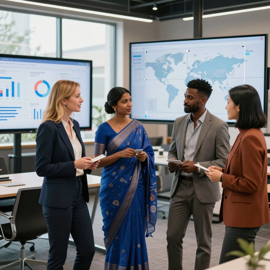 Four people in business attire in front of large screens displaying charts and maps, discussing.