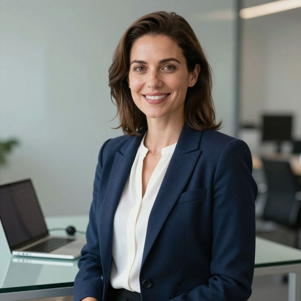 Woman in blue blazer smiles at the camera, inside an office setting.