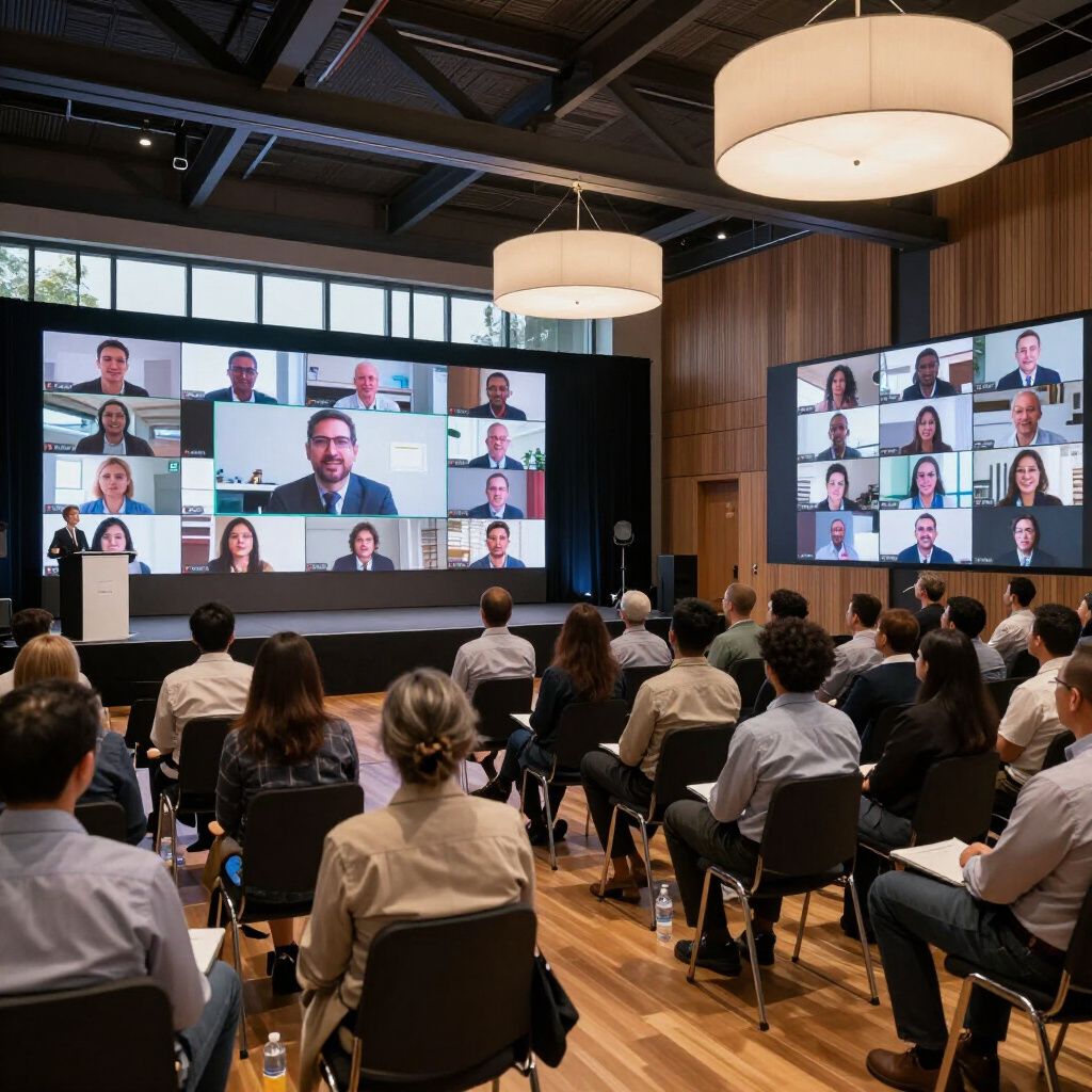 Audience watching a presentation with online participants displayed on large screens.