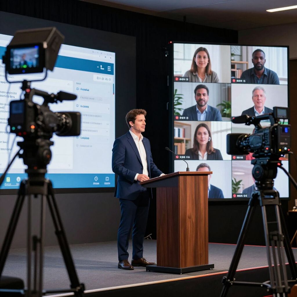 Man in suit at podium, presenting to a virtual audience displayed on screen, with cameras set up.