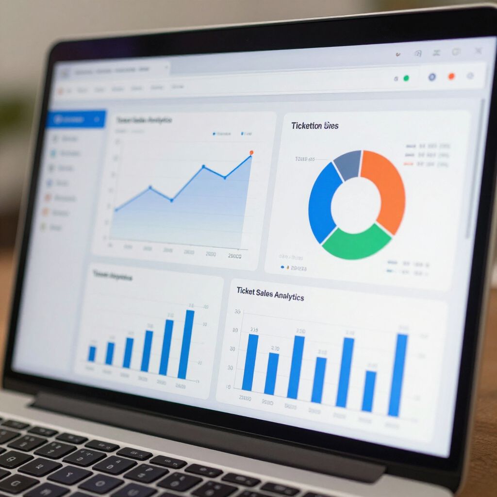 Laptop displaying data charts including line graphs, bar charts, and a pie chart.