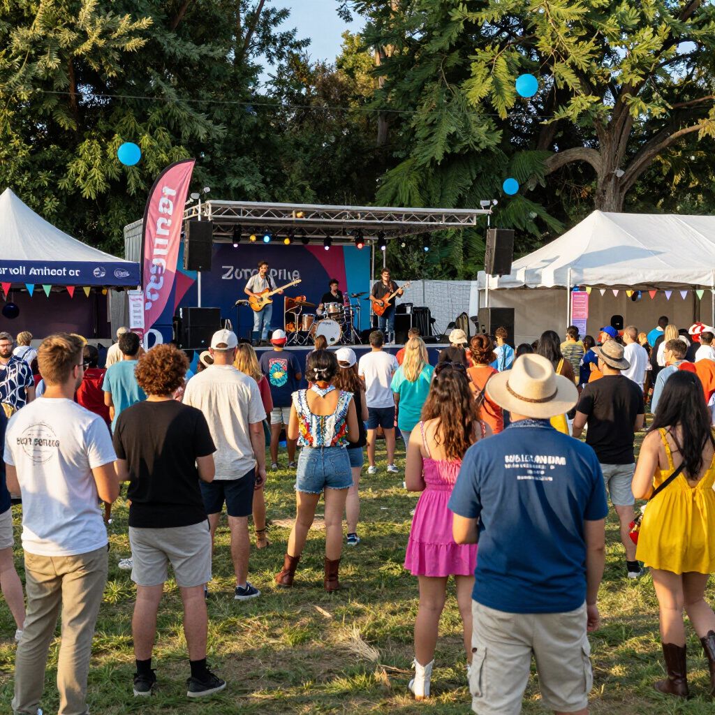 A crowd watches a band perform on an outdoor stage at a festival.