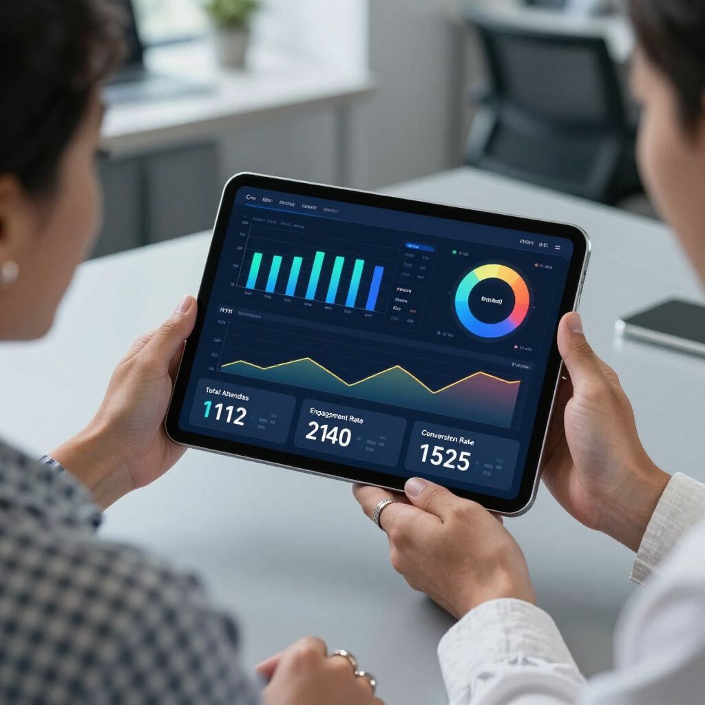 Two people looking at a tablet displaying financial data charts and graphs, in an office setting.