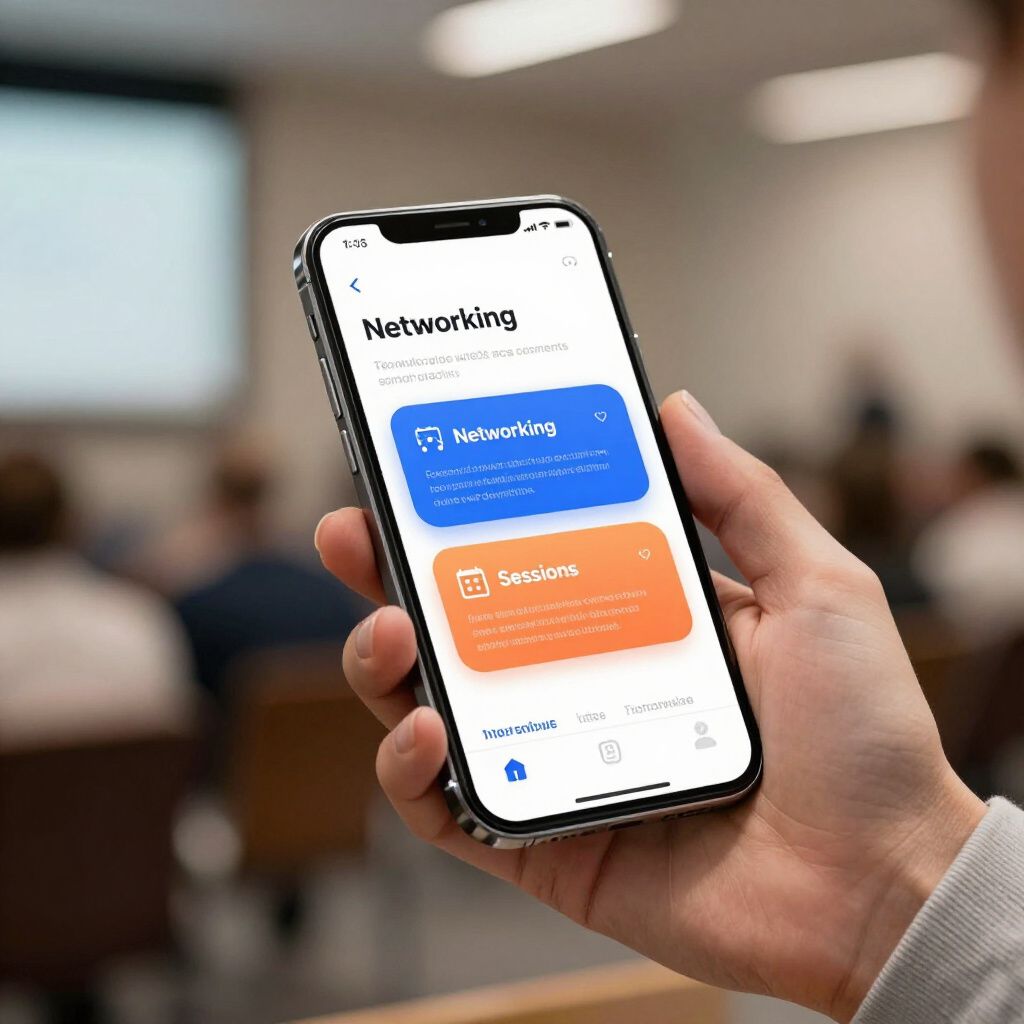 Person holding a smartphone with a networking app open in a lecture hall.