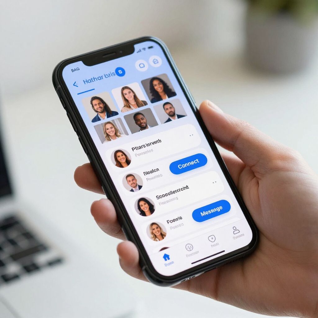 Hand holding a phone displaying a social networking app with profile suggestions and buttons.
