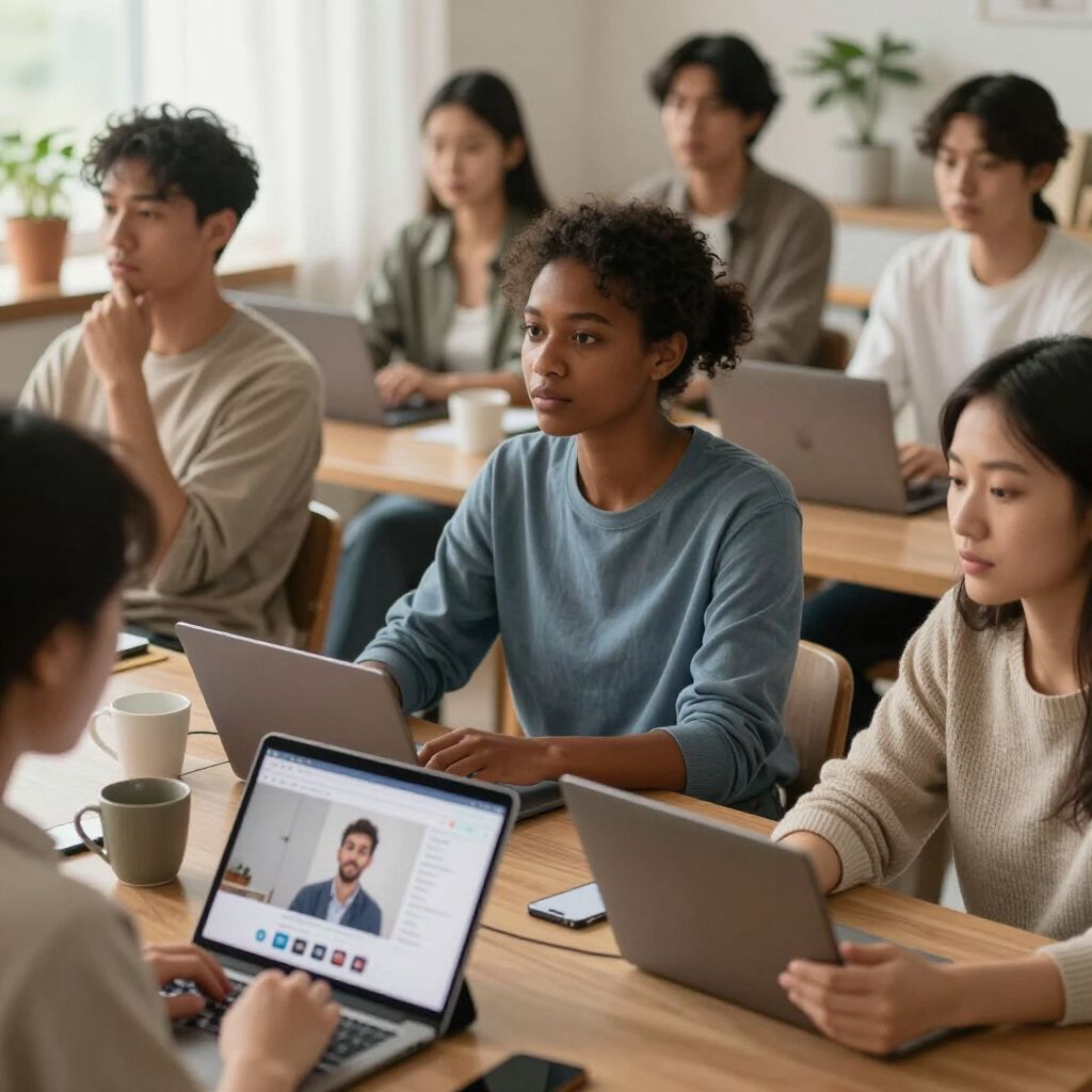 Students in a classroom, laptops open, listening to a virtual meeting.