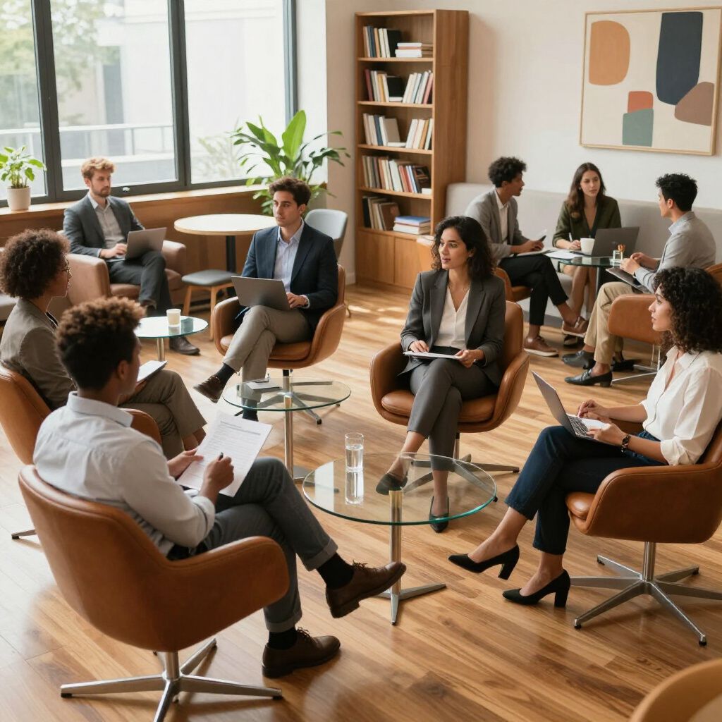 Group of people in business attire sitting in chairs, laptops, glass tables, and bookshelf in a well-lit office.