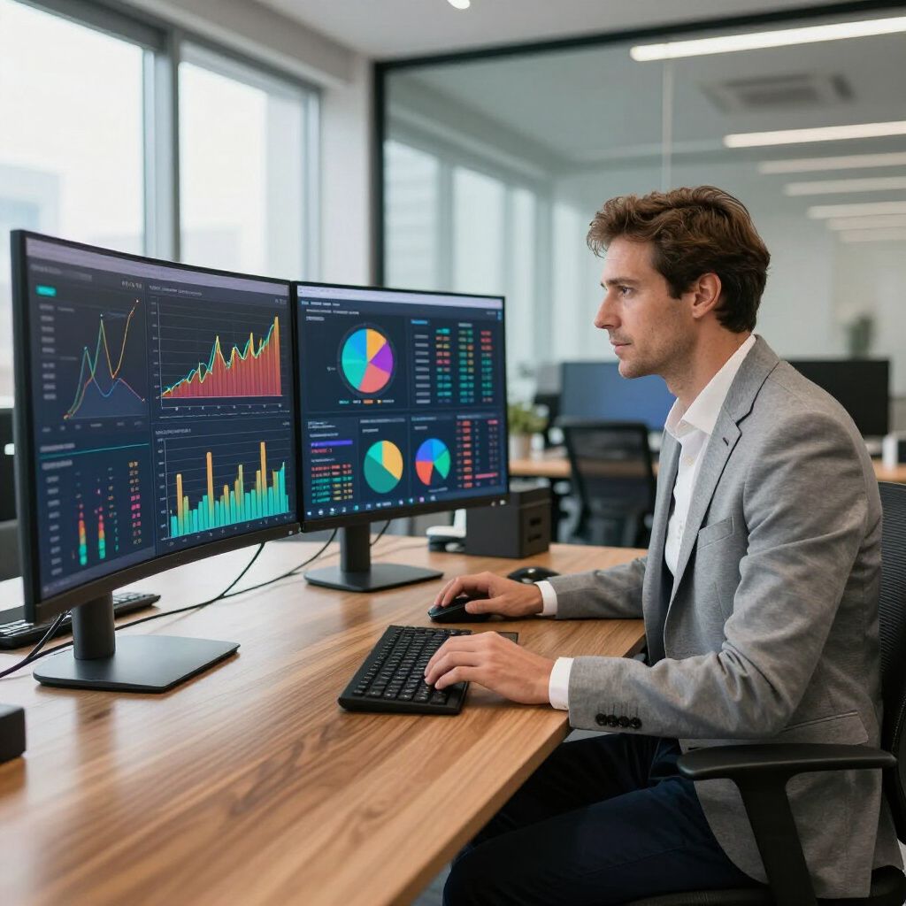 Man in suit jacket at desk with dual monitors, graphs displayed, working in office.