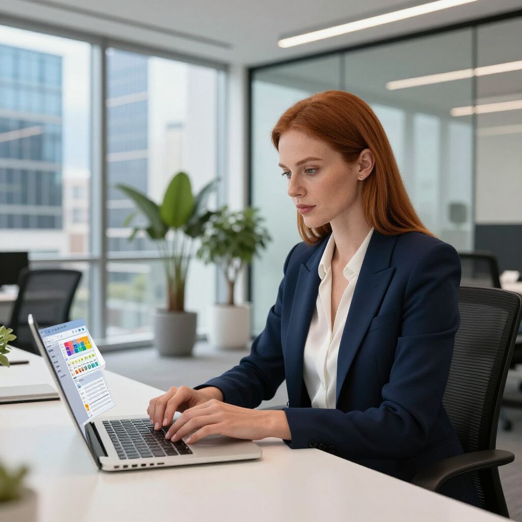 Woman in a blue blazer types on a laptop at a desk in a modern office, focused.Registration & Ticketing