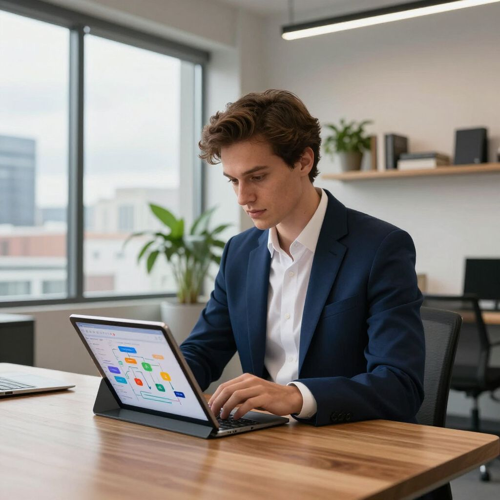 Man in blue suit working on laptop at desk in office.