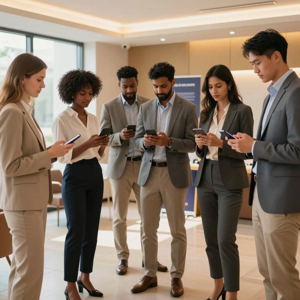 Group of people in suits looking at smartphones in a modern office.
