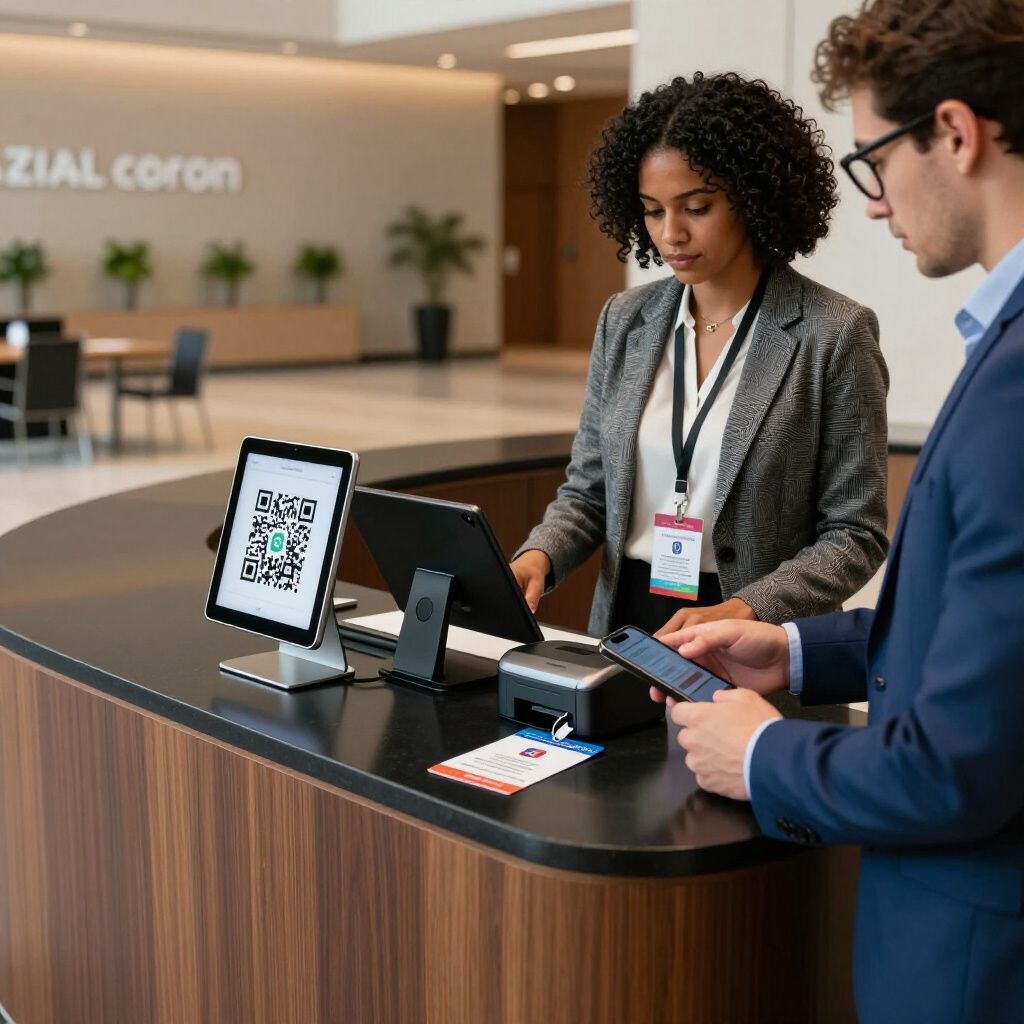 Receptionist scanning a visitor's phone at a desk.