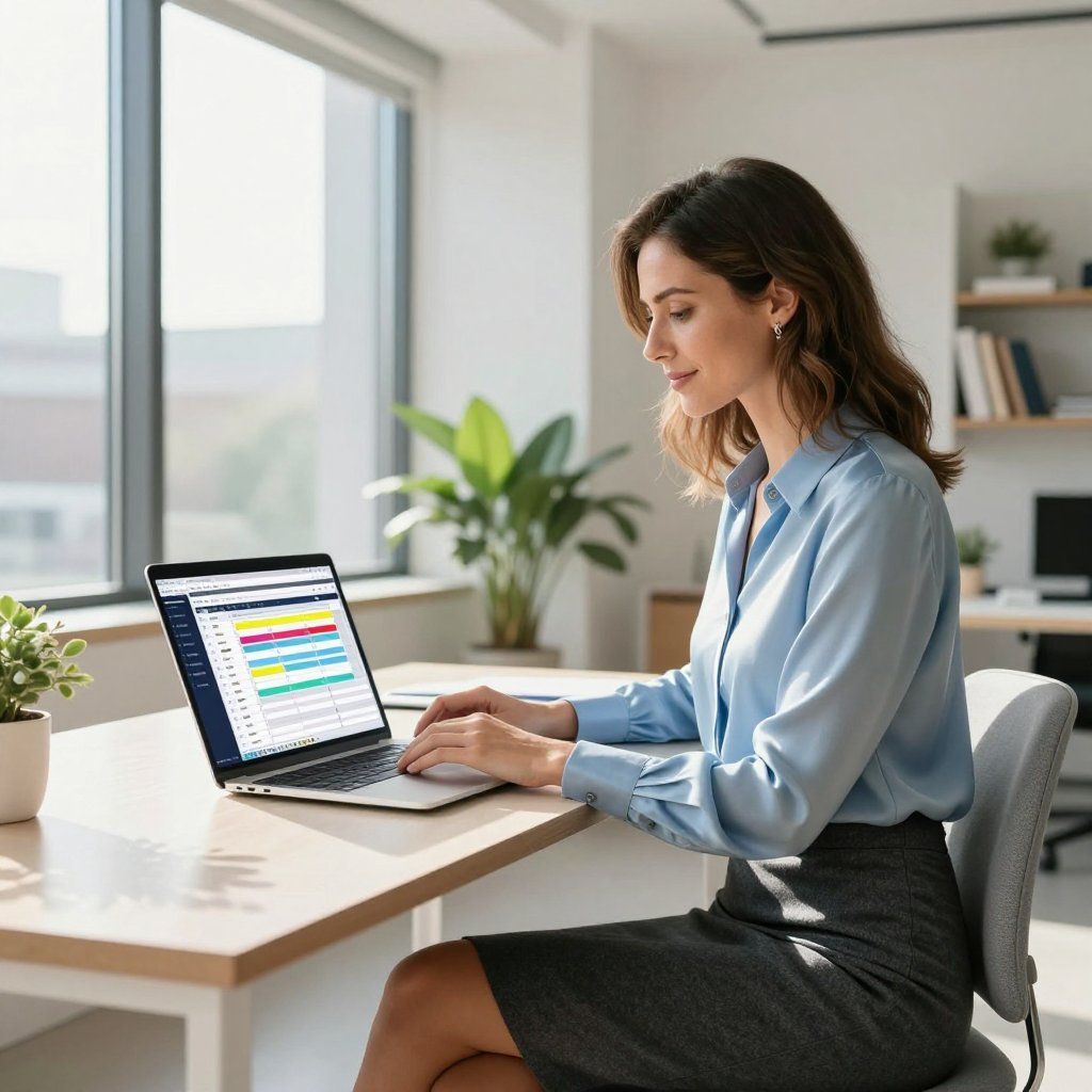 Woman in blue shirt works on laptop at a desk in an office.