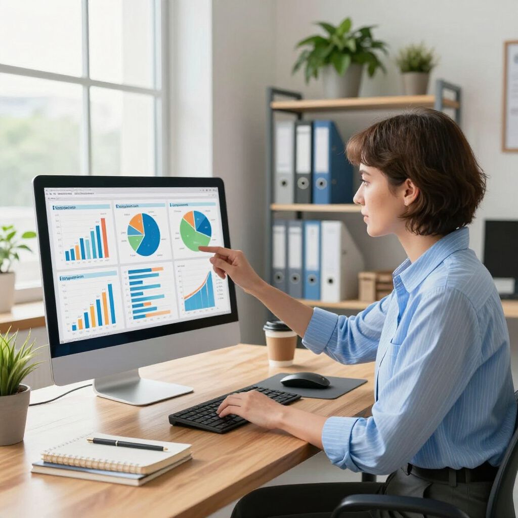 Woman analyzing data on a computer monitor in an office. She points at a pie chart while typing.