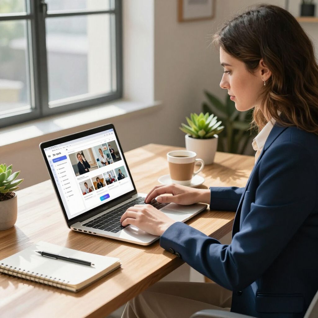 Woman in blue blazer types on laptop at desk, looking at screen with thumbnails.
