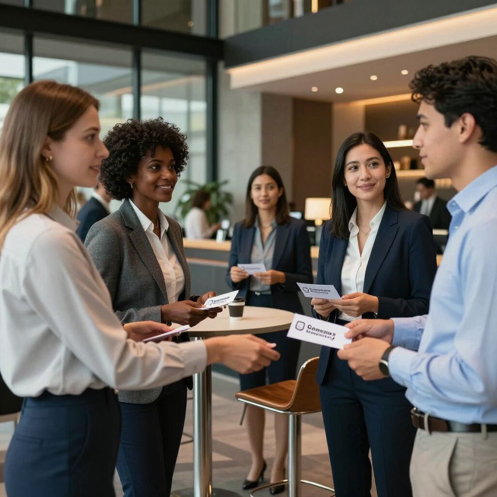 People exchanging business cards at a conference, modern interior.