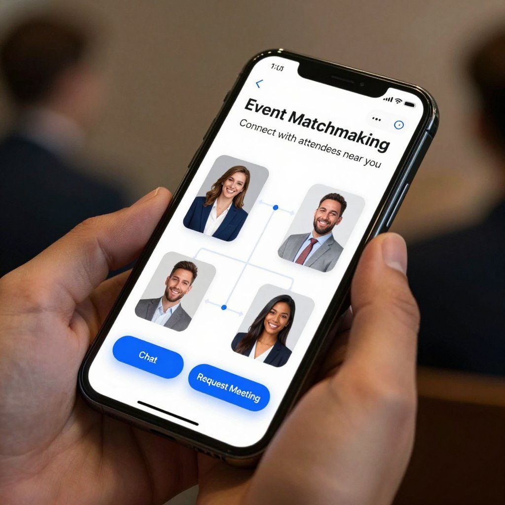 Smartphone showing event matchmaking app connecting people with profile photos.