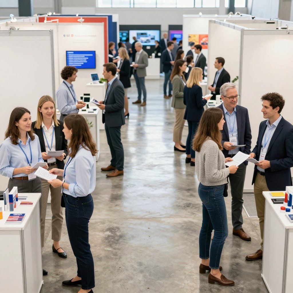 People networking at a trade show, standing by booths, discussing papers. Light, airy venue.