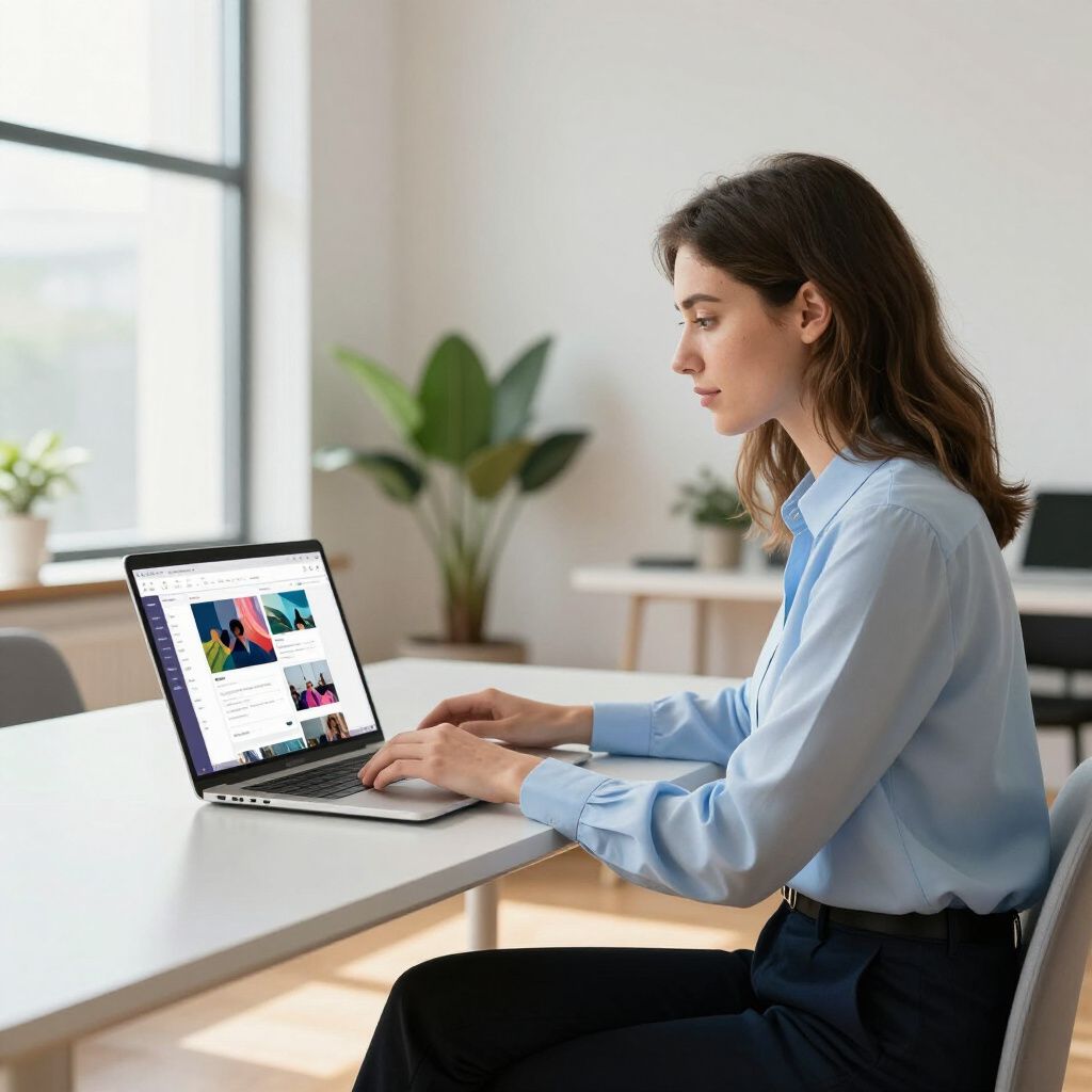 Woman in a blue shirt types on a laptop at a white desk in a bright office.