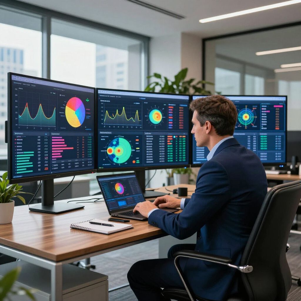 Man in suit working at desk with multiple monitors displaying data visualizations. Office setting.