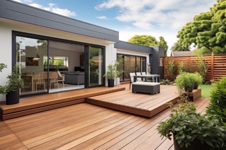 A modern home with a tiered wooden deck, patio furniture, and potted plants leading to sliding glass doors.