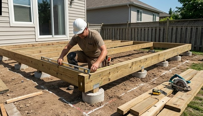 A person in a hard hat uses a spirit level to check the level of a wooden deck frame under construction in a backyard.