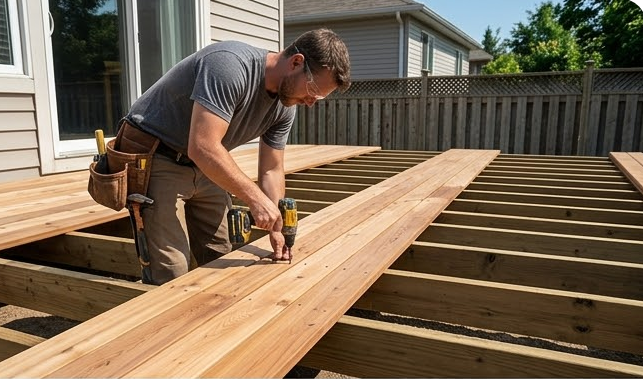 A worker drills a wooden plank onto a deck frame in a residential backyard.